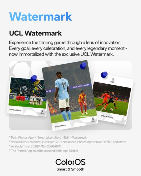 Oppo ColorOS 16 April Update Adds UEFA Champions League Watermarks