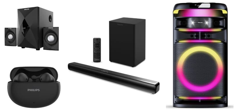 Philips TAX3004 Party Speaker, MMS2634 Speakers, TAT1269 Earbuds, TAB4330 Soundbar...